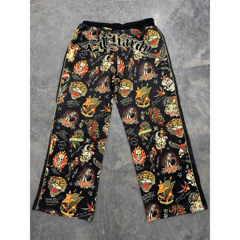 Ed Hardy Flashboard Wide Leg Track Pant Black Gold Tiger Skull Dragon Size L - Picture 10 of 11